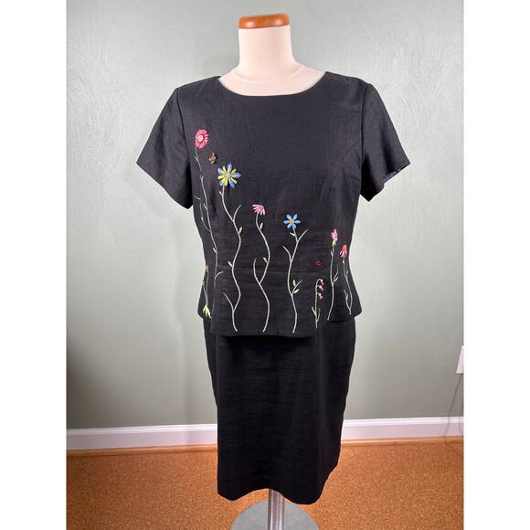 Women's Linen Dress Positive Attitude Size14P Floral Ladybug Lined Embroidered - Picture 8 of 10
